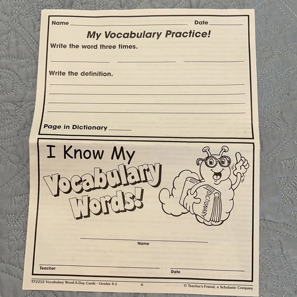 Plastic Coated Vocabulary Words & Definitions